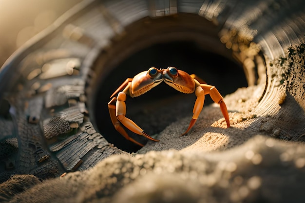 A crab with two eyes is on a tire