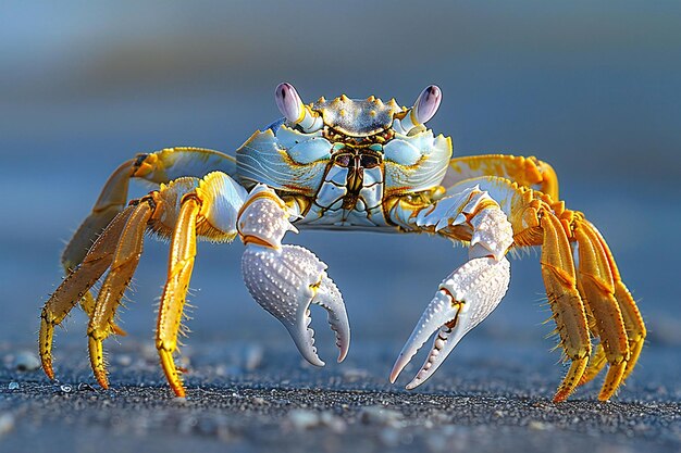 a crab with a yellow face and a blue background with the words  sea  on it