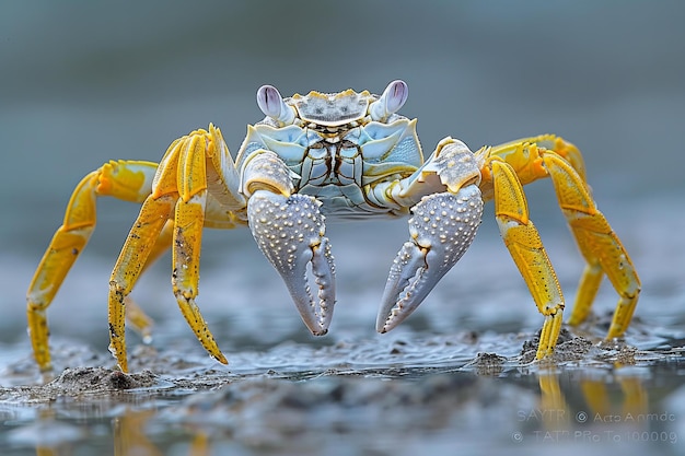 a crab with yellow legs and blue eyes is standing in the water