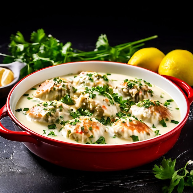 crabmeat balls crab meatballs in white creamy sauce in red pan lemon on transparent background