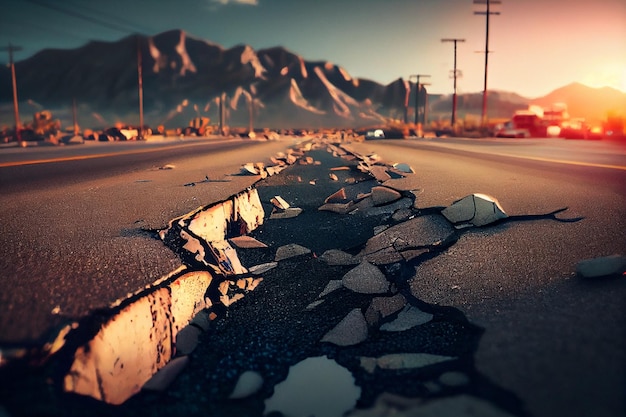 Cracked asphalt road in the city at sunsetgenerative ai