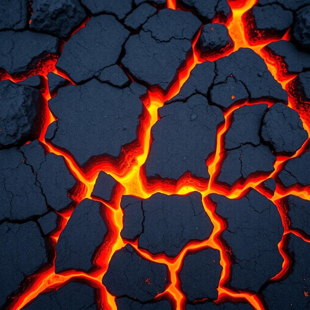 Photo cracked black lava with glowing orange fissures reveals