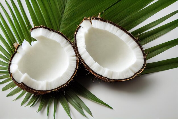 Cracked coconut fruit with snowwhite flesh on green background