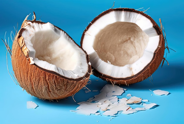 Cracked coconut on light blue background