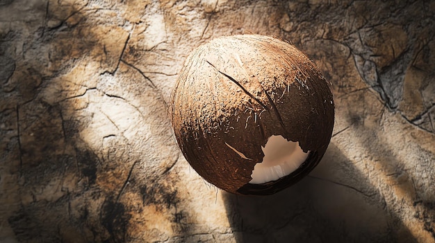 Photo cracked coconut with white flesh visible with a rustic background