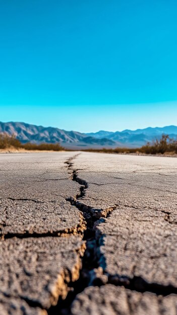 Photo cracked desert road with distant mountains clear blue sky deserted landscape and adventure concept