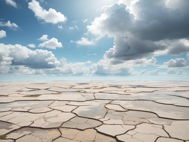 a cracked desert with a cloudy sky and clouds in the background