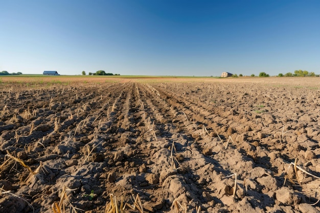 Photo cracked and dry farmland with sparse vegetation under a clear blue sky in a rural landscape ai