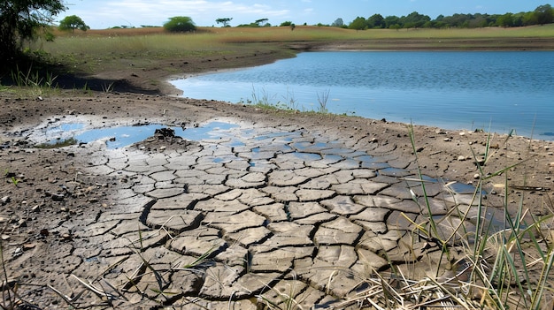 Photo cracked earth by the lake a realistic photograph