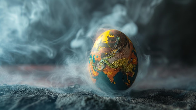 Cracked earth globe with steam or mist representing climate change environmental issues or global warming