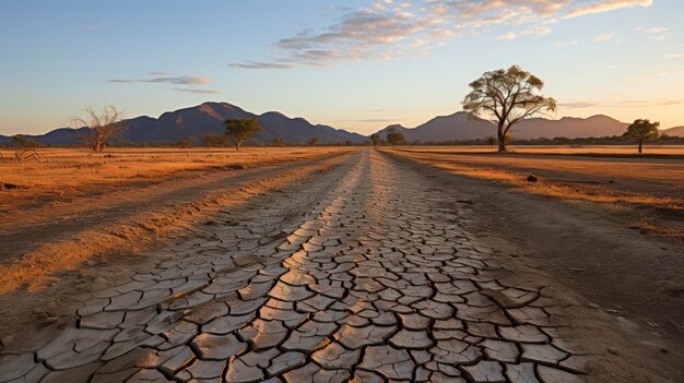 Photo a cracked earth road stretches through a dry landscape at sunset illustrating drought conditions