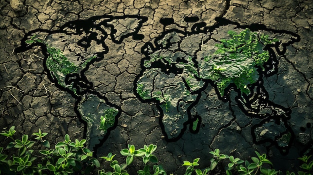 Cracked earth texture with a world mapshaped oasis The concept of global desertification and climate change