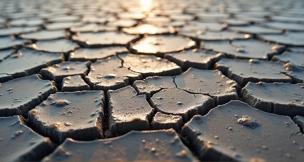 a cracked earth with the sun setting behind it