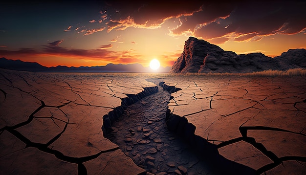 A cracked earth with a sunset in the background