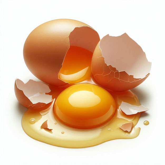 Cracked egg eggshells with yolk isolated image on white backgrounds