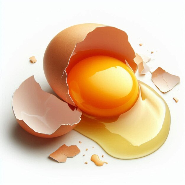 Cracked egg eggshells with yolk isolated image on white backgrounds