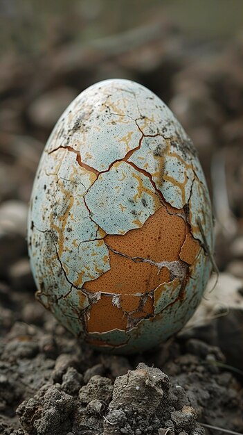 Photo a cracked egg with a blue and brown speckled surface