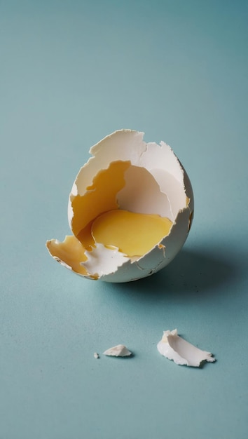 Photo cracked egg with yolk inside on light blue surface