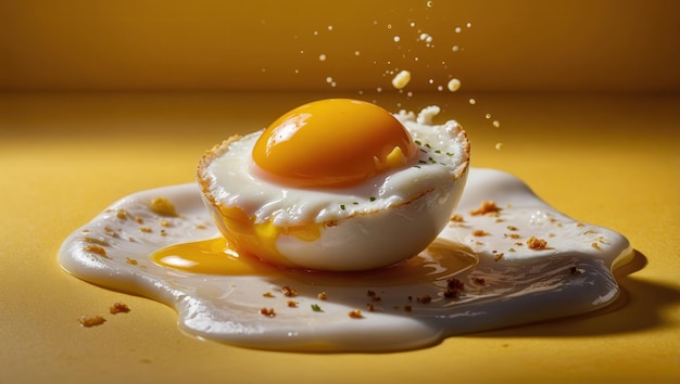 Cracked egg yolk spilling out of its shell onto yellow background with seasoning