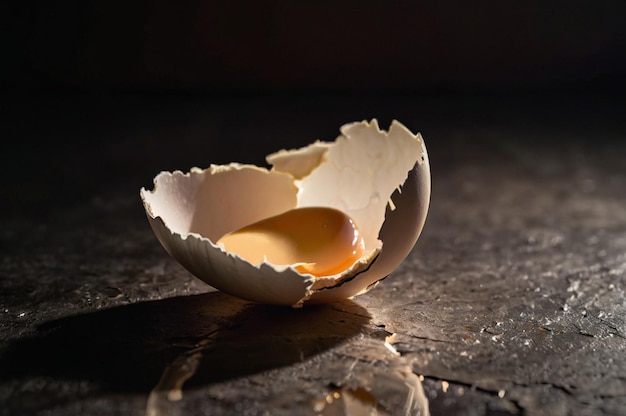 Photo cracked eggshell with soft light in a dark setting