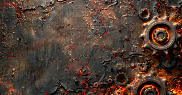 Photo on a cracked fiery surface resembling hardened lava rusty gears cogs and bolts create an industrial