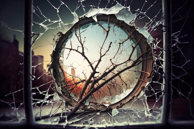 Cracked glass window in house with branches on bright background