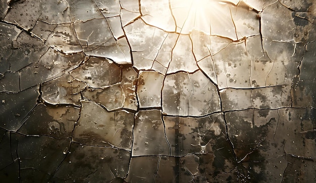 a cracked glass window with the sun shining through it