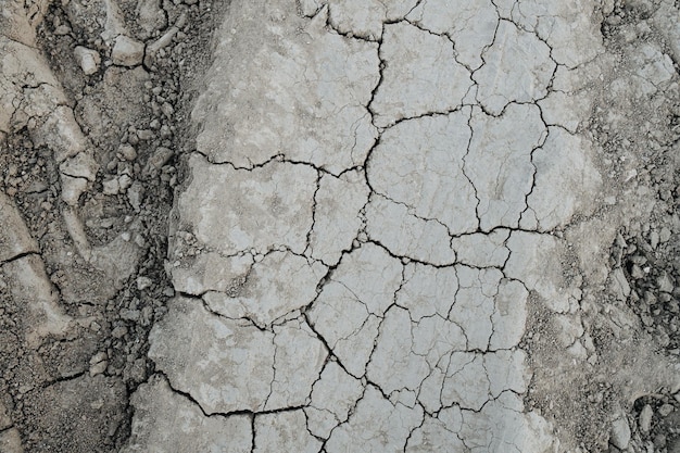 Cracked grey dry dirt texture with tire prints on sides