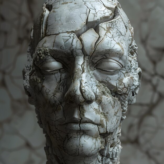 Photo cracked human face sculpture