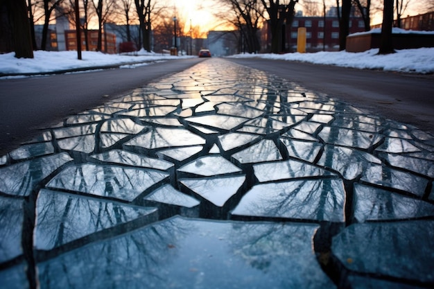 Cracked ice on pavement revealing ground underneath