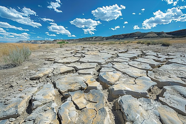 Photo a cracked landscape with a blue sky and clouds in the background