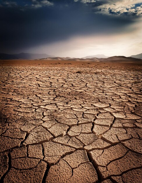 Photo cracked and parched earth beneath stunning and dramatic sky climate change landscape background