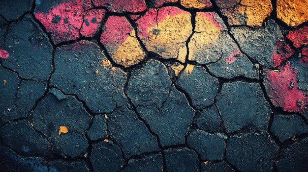 Photo cracked pavement with pink and yellow paint