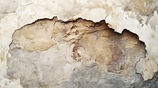 Photo cracked and peeling beige wall with exposed underlayer