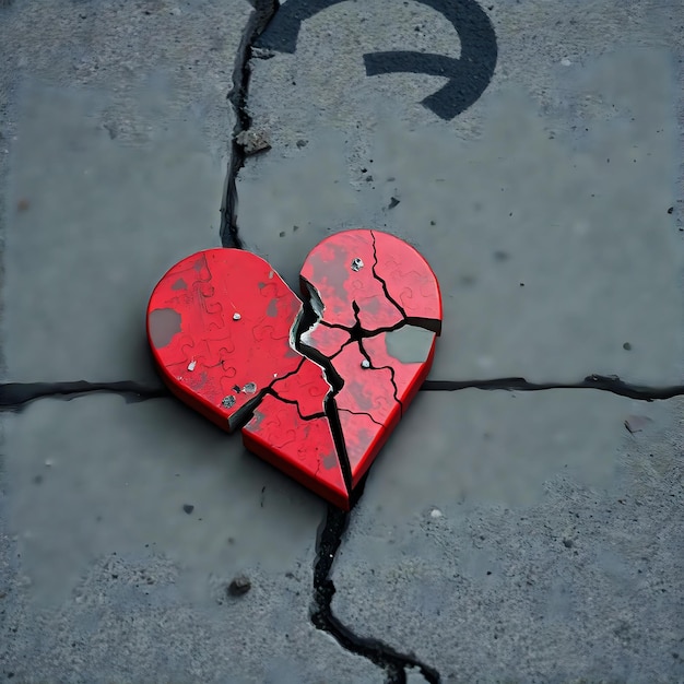 Photo cracked red heart on gray concrete