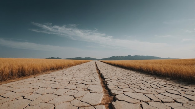 Photo cracked road through grassy field under cloudy sky