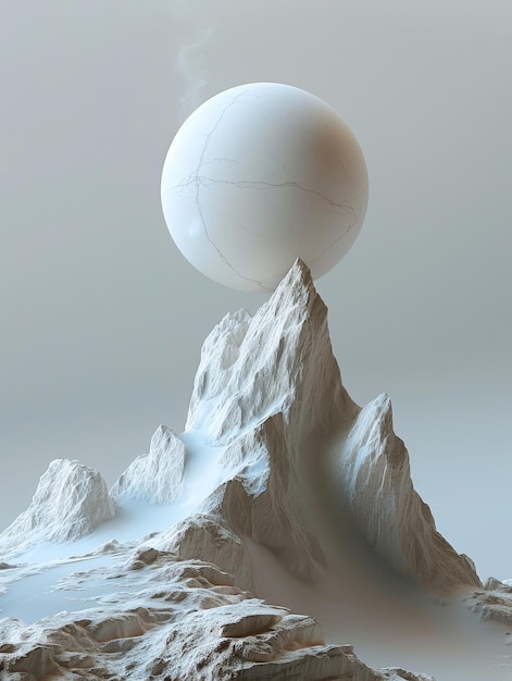 Photo a cracked sphere perched on a snowy mountain peak