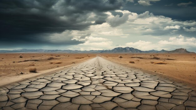 Photo cracked stormy highway in a deserted desert with grain texture and scratches