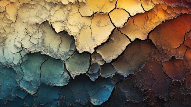 Photo cracked and textured earth surface with hues of yellow blue and brown