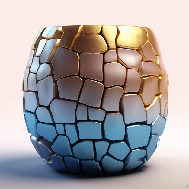 A cracked vase with gold and blue colors and the word broken on it.