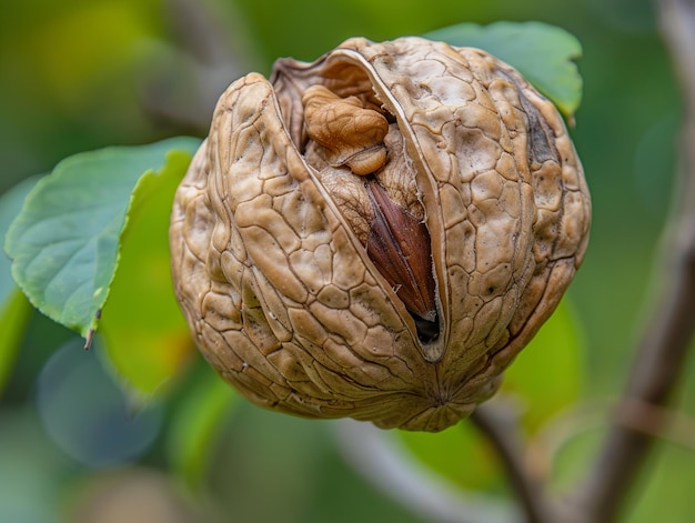 Photo a cracked walnut shell hanging on a tree branch with a visible nut inside