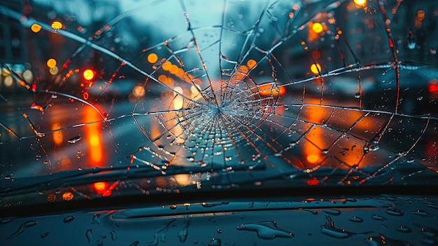 A cracked windshield on a car with spiderweblike fractures obscuring the driver39s view of the ro