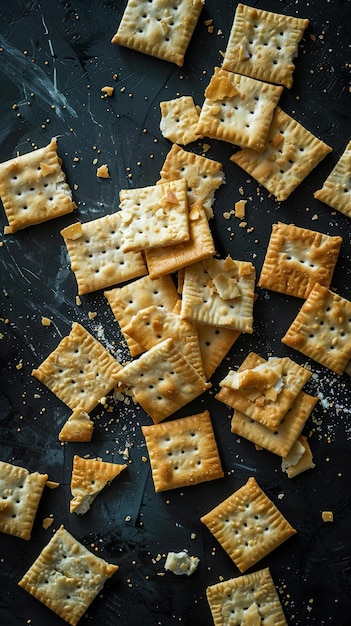 crackers are scattered on a table including crackers