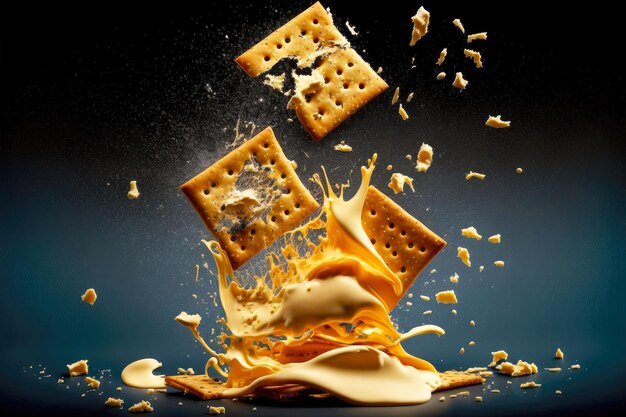 Crackers broken into small pieces and poured with cheese sauce