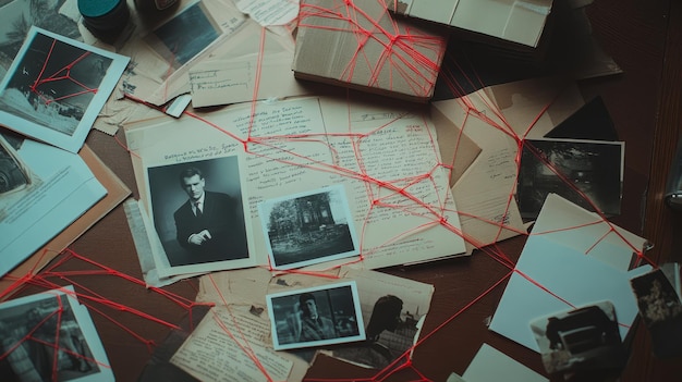 Photo cracking the case detectives flat lay with photos notes and red string connections 1