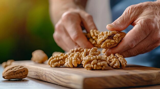 Photo cracking walnuts rich in healthy fats on a wooden board