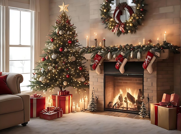 A crackling fireplace stockings hanging on the mantel and a beautifully decorated Christmas tree