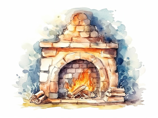 A crackling fireplace with flickering flames watercolor and ink illustration generative ai