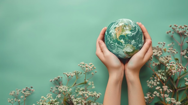 Cradling Earth against vibrant green backdrop minimalist style AI Image