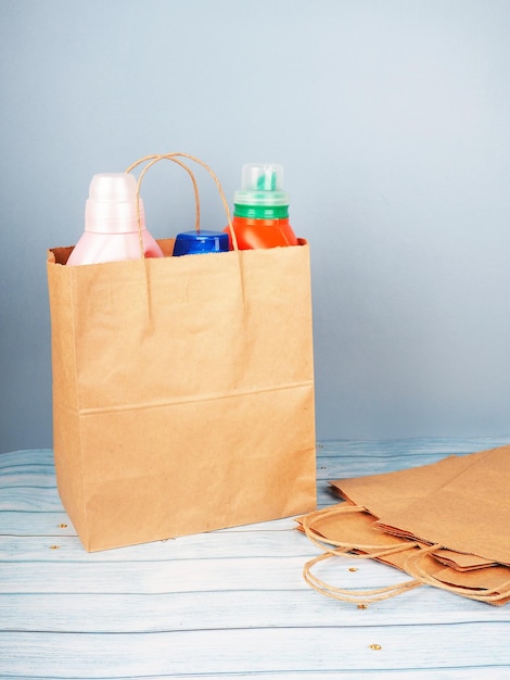 Craft bag with cans and bottles for cleaning the house household bag with household chemicals